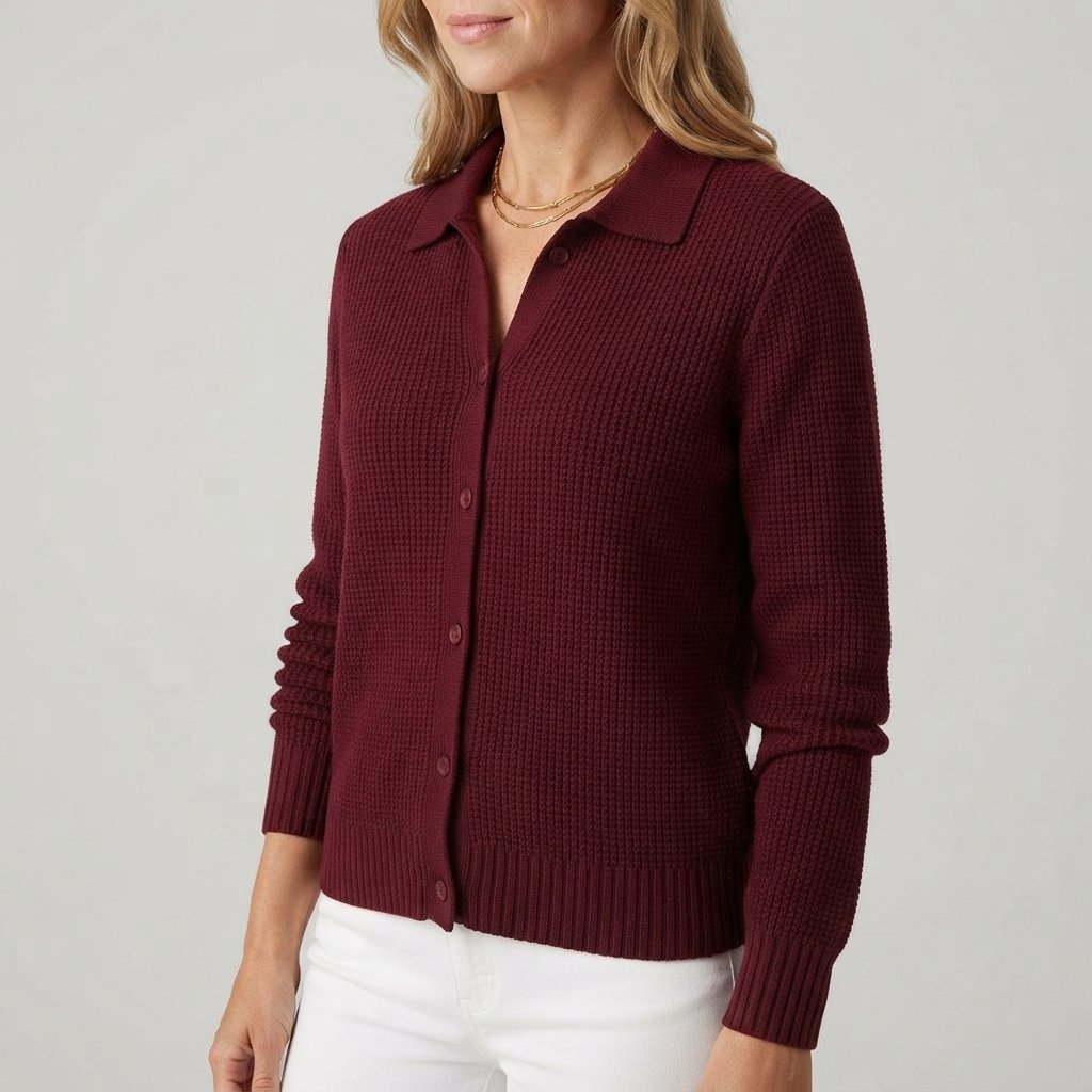 Button-Front Knit Cardigan with Collar, Long Sleeve