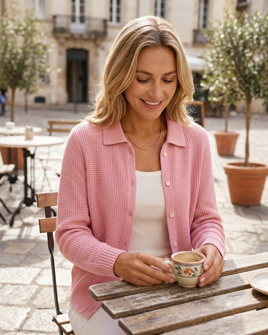 Button-Front Knit Cardigan with Collar, Long Sleeve