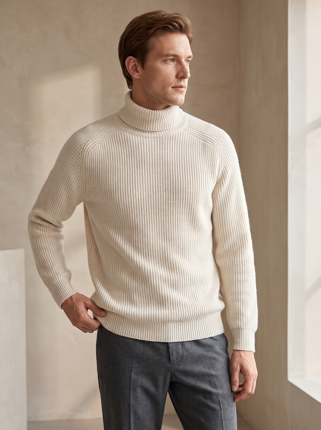 Men's Ribbed Turtleneck Sweater with Raglan-Seam Construction