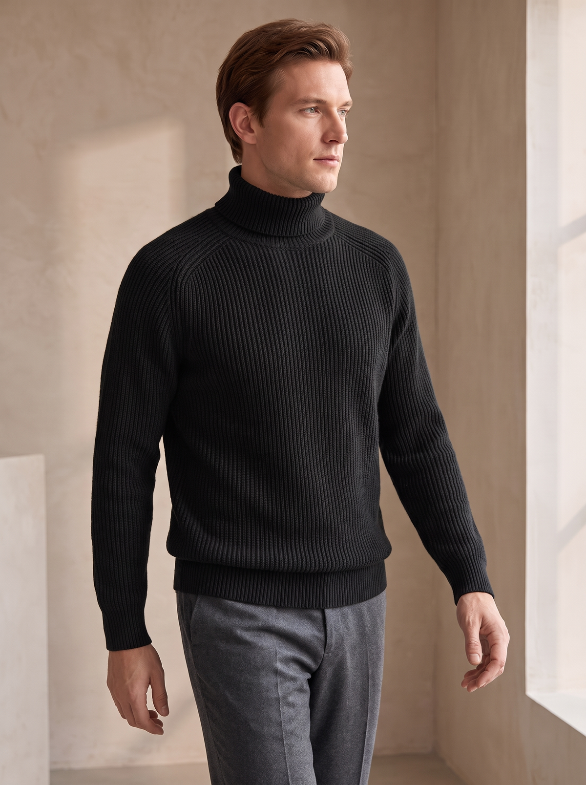 Men's Ribbed Turtleneck Sweater with Raglan-Seam Construction