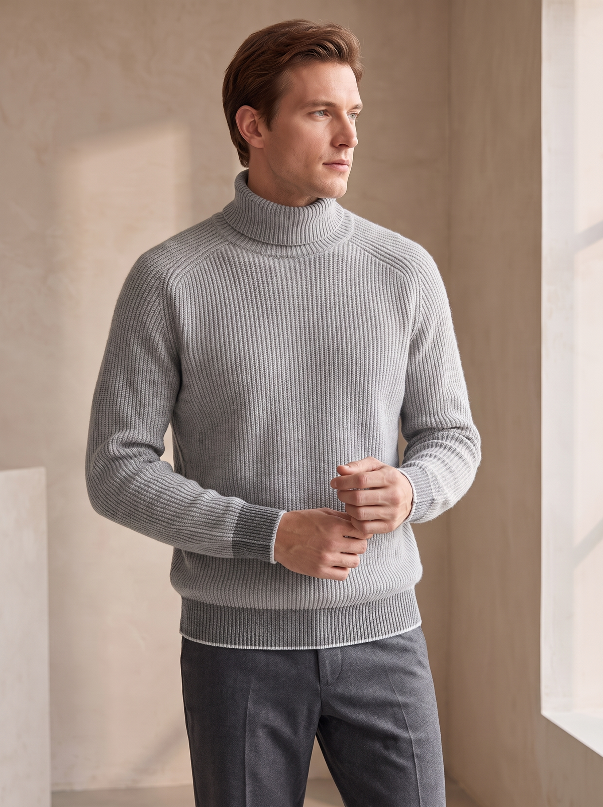 Men's Ribbed Turtleneck Sweater with Raglan-Seam Construction