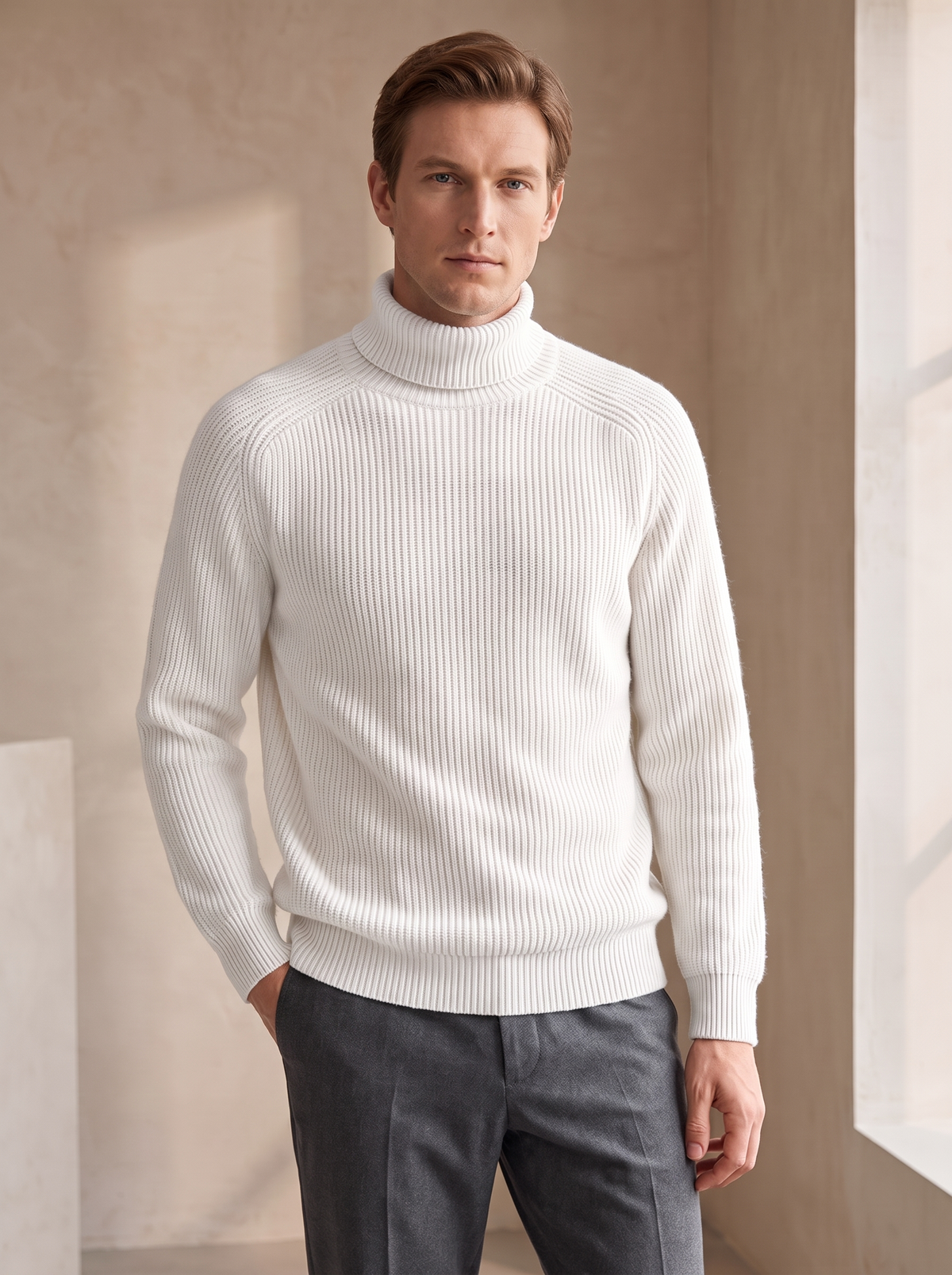 Men's Ribbed Turtleneck Sweater with Raglan-Seam Construction